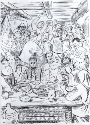 Wedding of Mykola Shuhai. Illustration to the novel of I.Olbracht  "Mykola Shuhai, a robber", paper, drawing ink, pen, 39x27