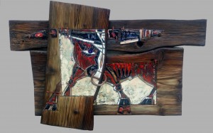 Bull, copper, hot enamel, wood, 87x60