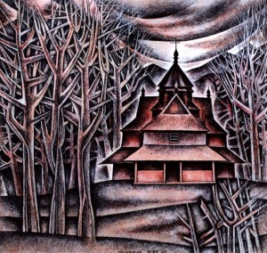Hutsul Church In Prokurava Village, 1987, watercolour on paper, gouache, 21х20