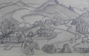 Nyzhni Vorota Village, 1983, oil on canvas, 12x19