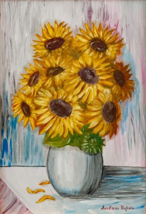 'Sunflowers', 2017, acrylic on fibreboard, oil, 63x43 
