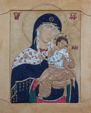 Ікона Божої Матері Коневська, шкіра,сусальне золото, 48,5x39,5
