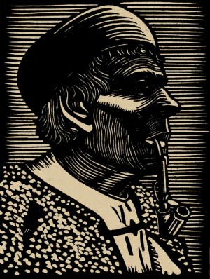Peasant, 1938, linorite on paper, 17x13