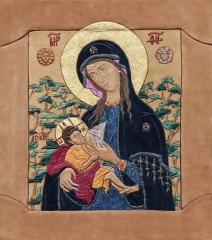 Ікона Божої Матері Млекопитательница, шкіра,сусальне золото,нефрит, 38x34