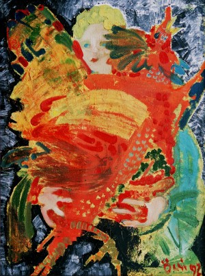 Boy With A Cock, from the photo archive of Y. Nebesnyk, 1992, oil on canvas, 78x58