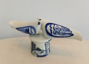 'Pigeons On The Roof', 1982, faience, mold, subglacial painting, 41x12x20