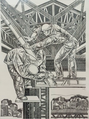 O. Martynets 'Fitters’, 1975, etching 