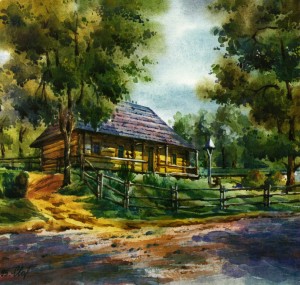 An exhibit of the Museum of Folk Architecture and Life 1995 watercolour