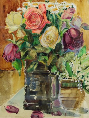 V. Trehubova Roses And Lilies', 1974, watercolour on paper, pastel 
