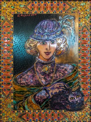 Lady with Cat, 2015, glass, paint on glass, authors technique 