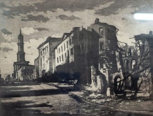 V. Myronenko 'The Street Of The Free Academy', from the series 'Kharkiv In The First Days Of Liberation', 1943, etching on paper, aquatint