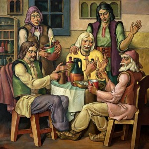 ’At Grandfather Mykhailo’, 2001, oil on canvas, 87x87