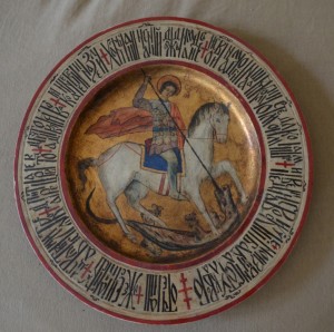 St. George - Slays The Dragon, 1946, decorative plate, wood, carving, painting, gilding 
