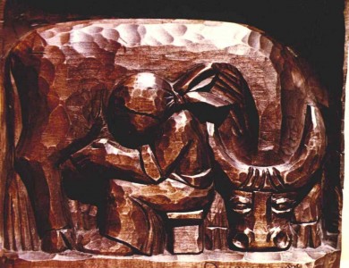 Milkmaid, 1974, wood, carving, 20x22