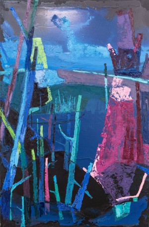 'Blue Fog', 2017, oil on canvas, mixed technique, 129x80